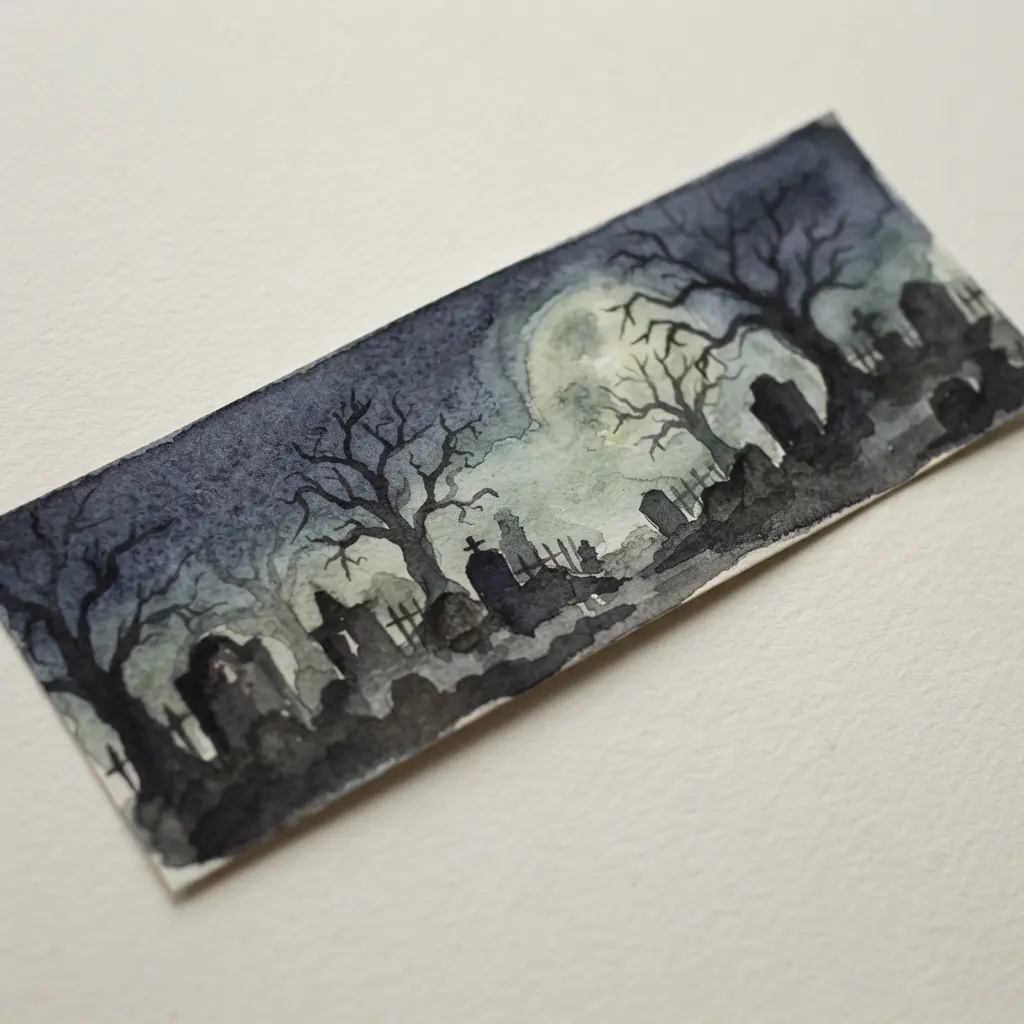 A landscape Halloween bookmark featuring a spooky cemetery scene painted with soft watercolor washes.