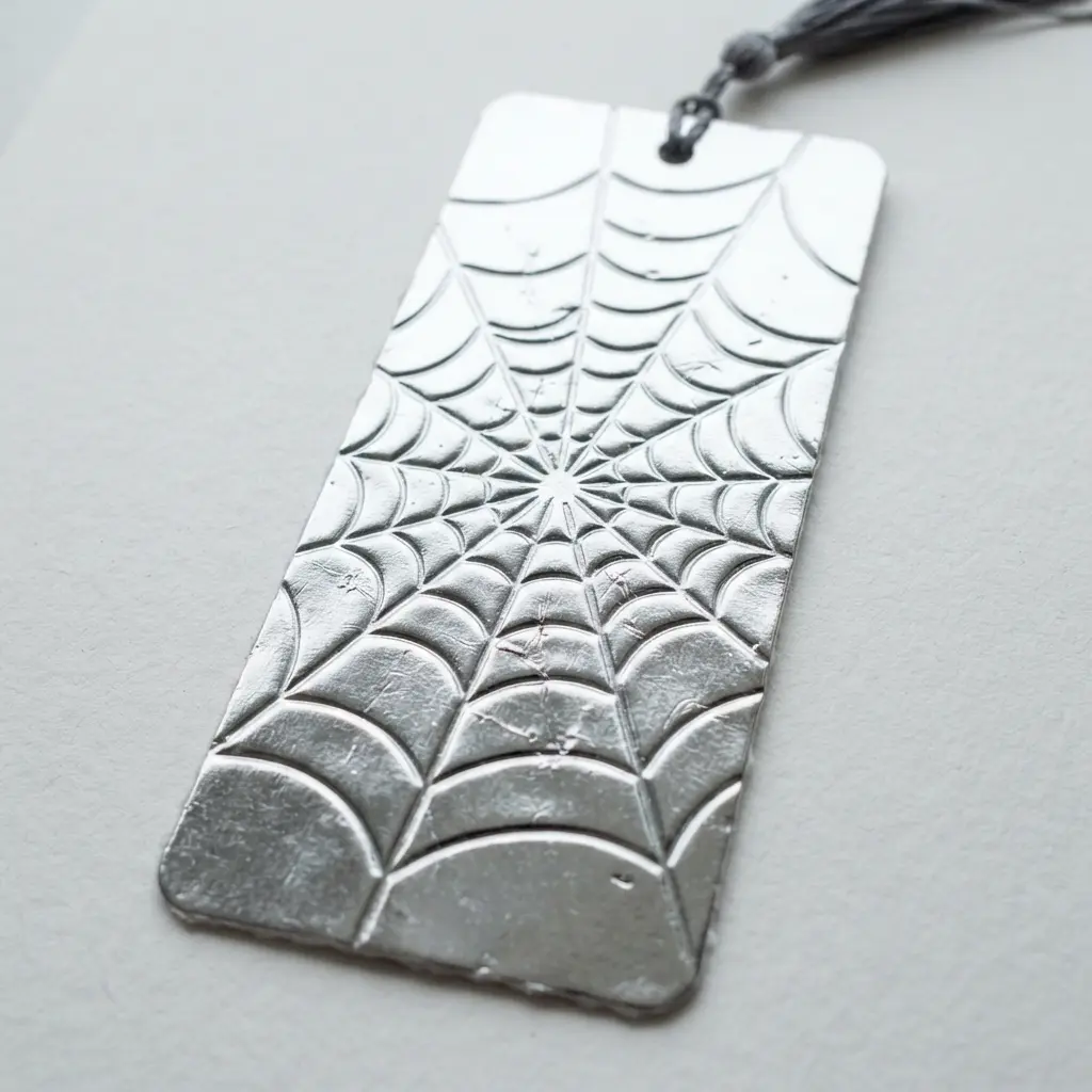 An elegant bookmark with a intricate spider web design embossed into shiny silver or black metallic paper.