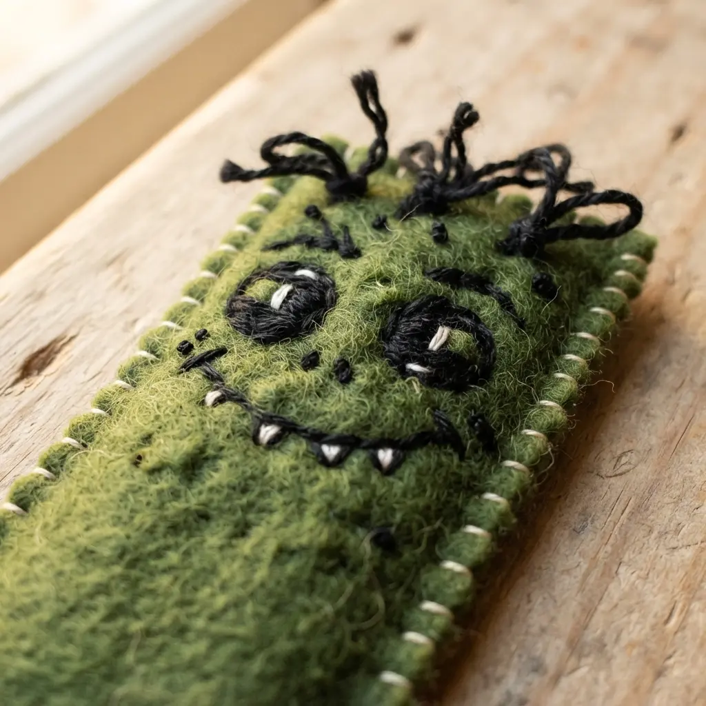 A green felt bookmark shaped like Frankenstein's monster, with stitched facial features and black yarn hair.
