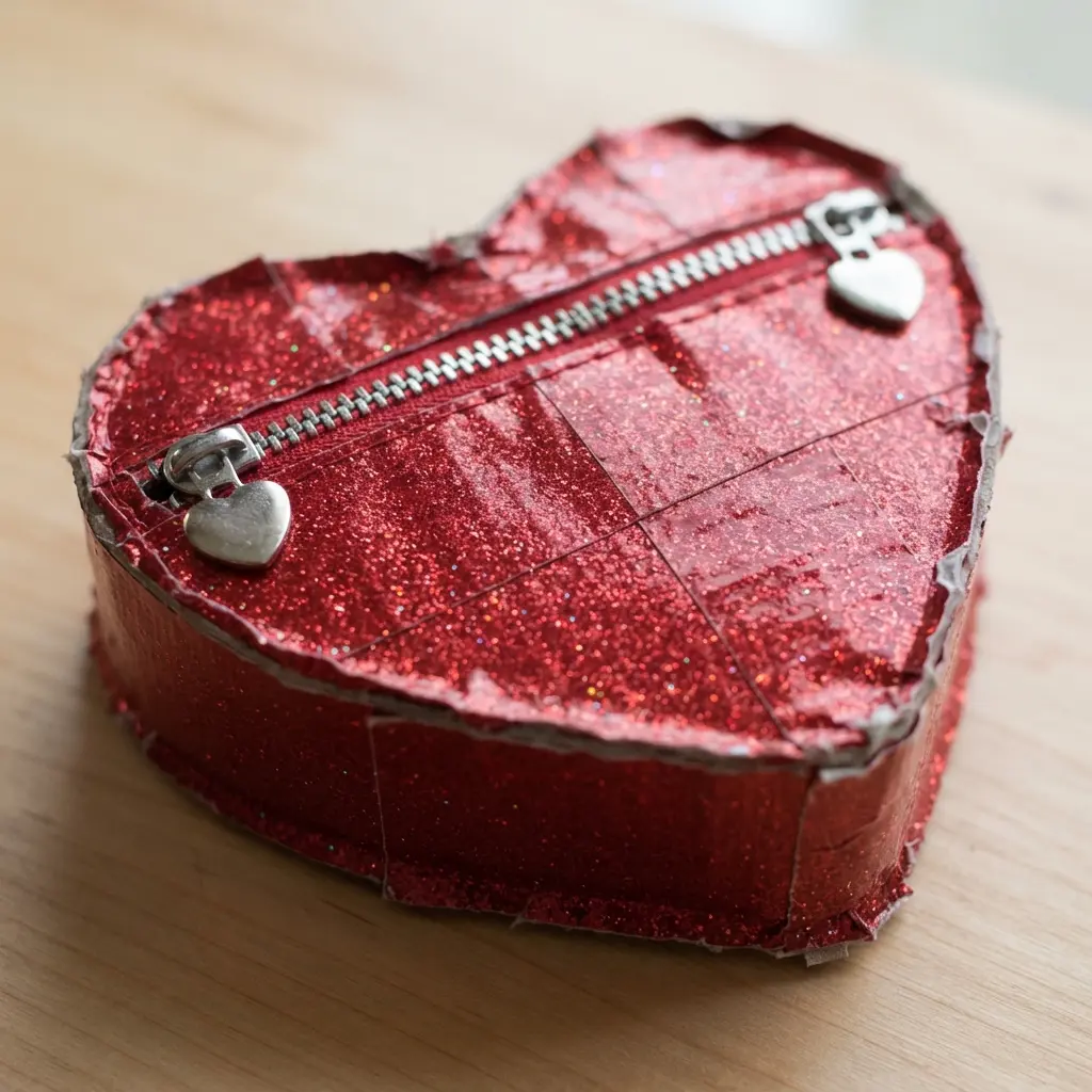 A small, shiny heart-shaped coin purse crafted from sparkling red holographic duct tape with a silver zipper.