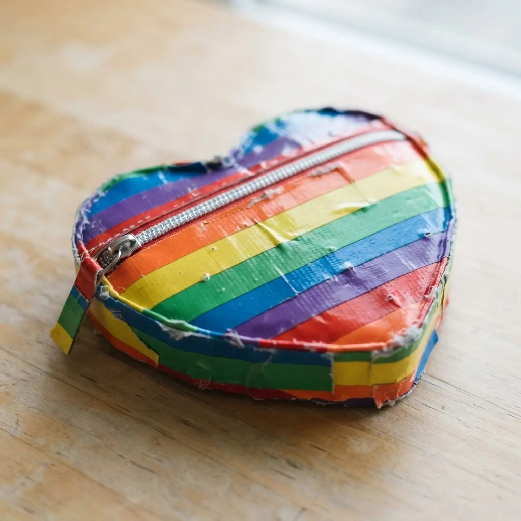 A heart-shaped coin purse made with strips of duct tape in a gradient rainbow color sequence.