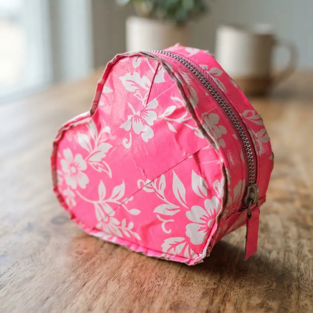 A vibrant heart-shaped coin purse made from neon pink duct tape printed with small white flowers.