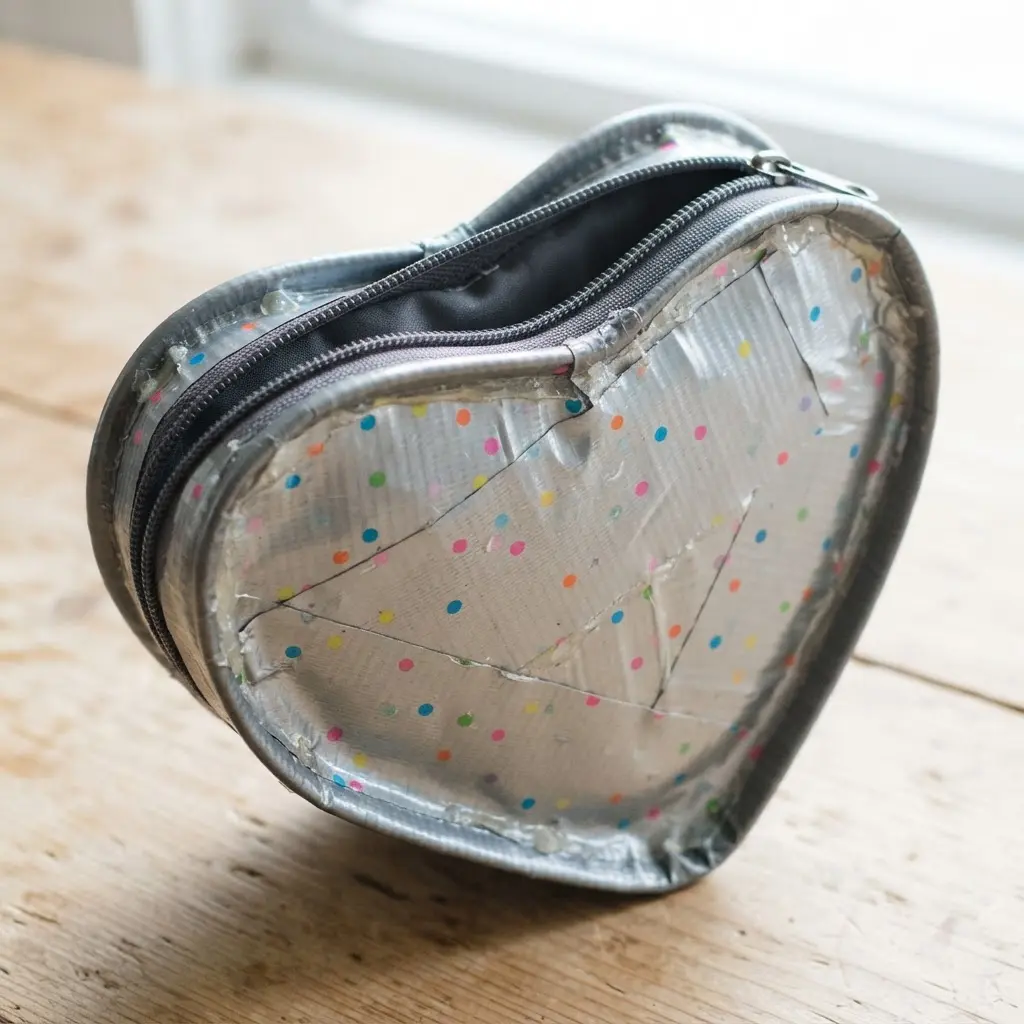 A metallic silver duct tape heart coin purse featuring a scattered confetti pattern in multiple colors.