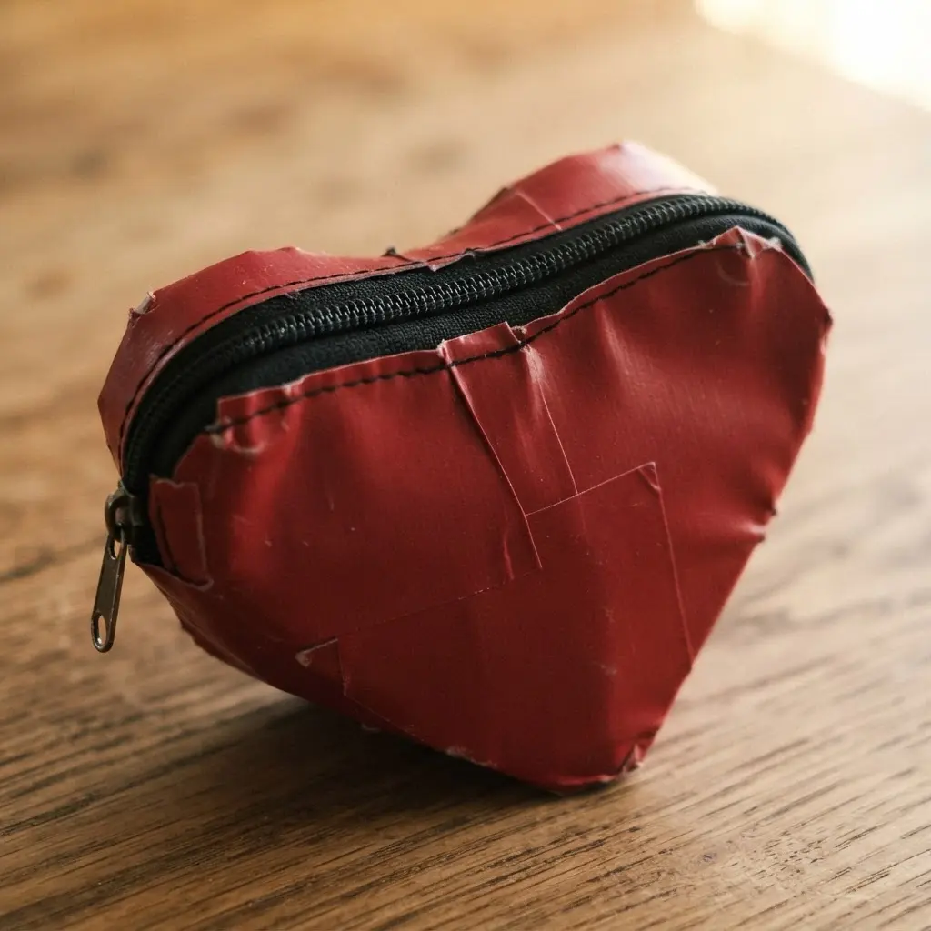 A classic heart-shaped coin purse constructed from smooth, solid red matte-finish duct tape.