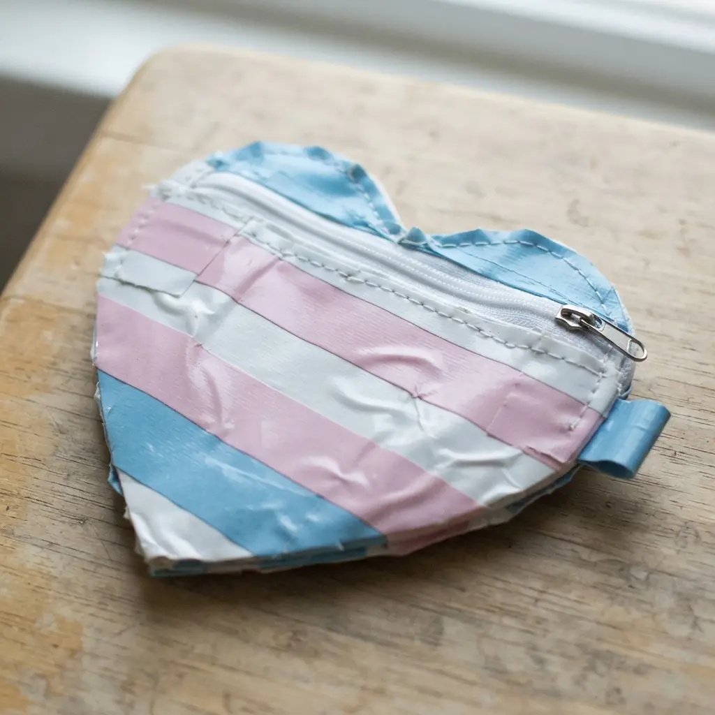 A heart-shaped coin purse made with light blue and soft pink duct tape arranged in clean, horizontal stripes.