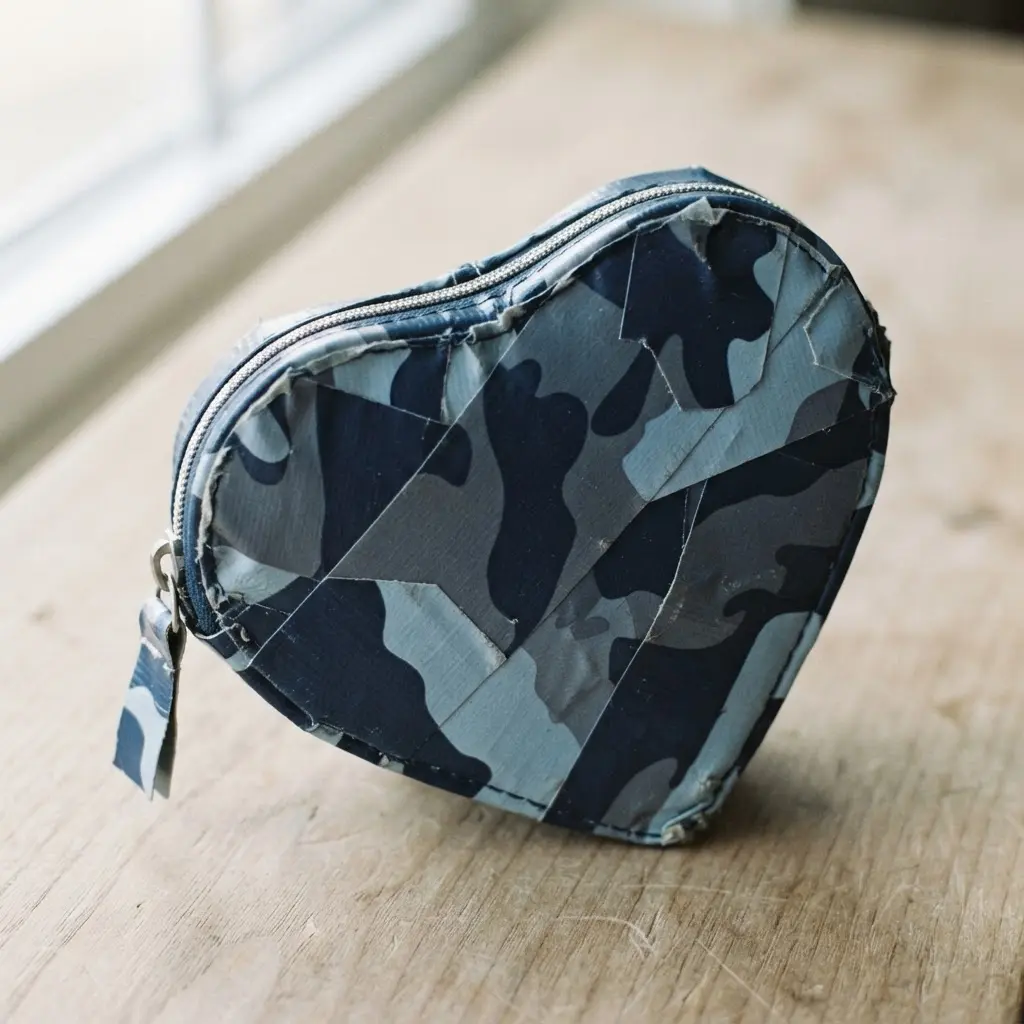 A blue and gray camouflage patterned duct tape formed into a neat heart-shaped coin purse.