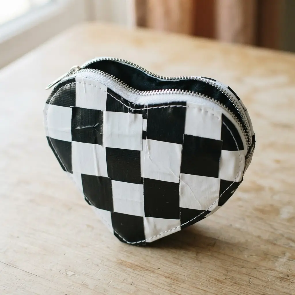 A striking heart coin purse featuring a precise black and white checkerboard pattern made from duct tape.