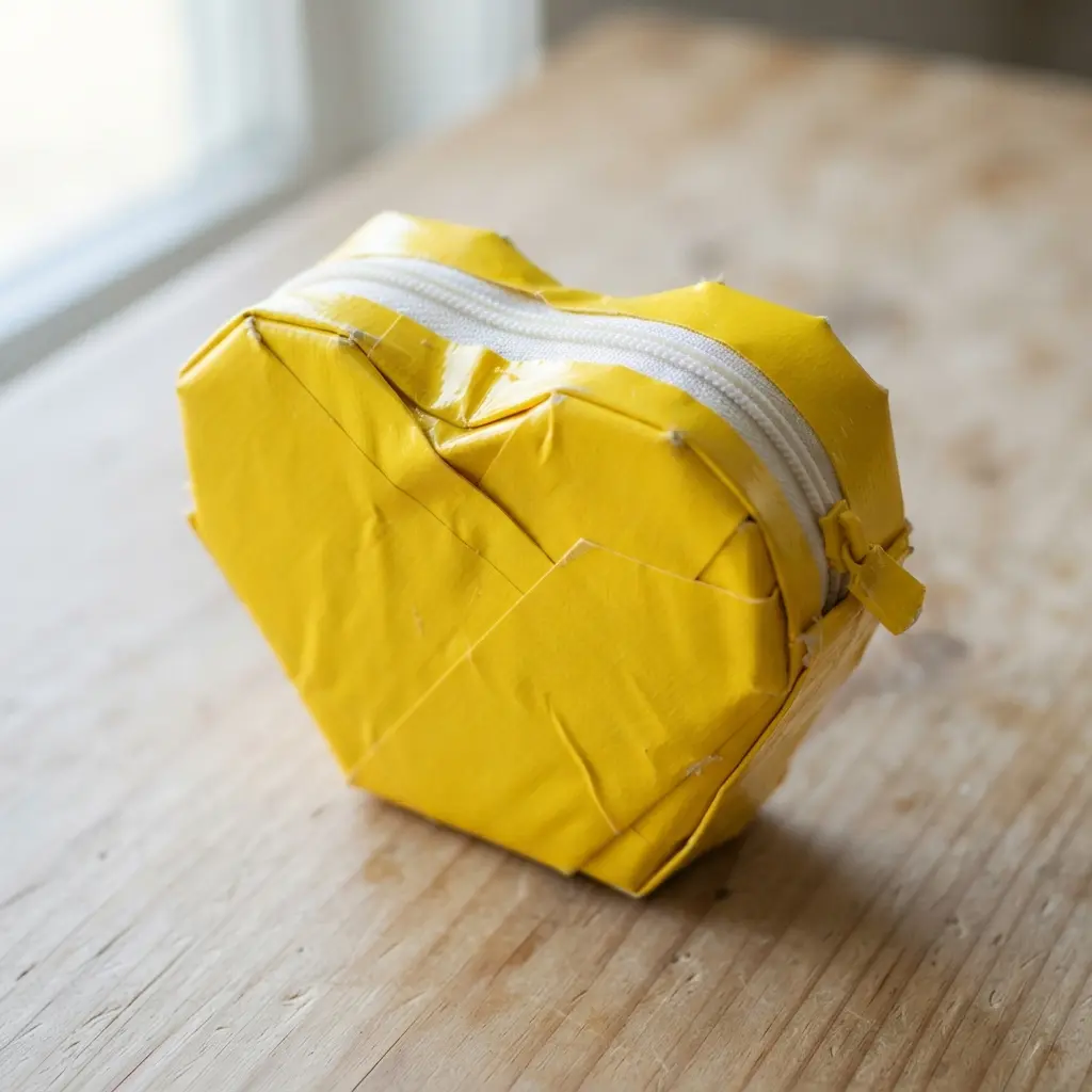 A vibrant, sunshine-yellow heart-shaped coin purse crafted from a single roll of bright duct tape.