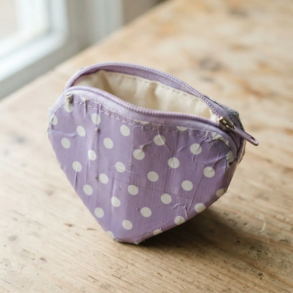 A light purple heart coin purse decorated with evenly spaced white polka dots on the duct tape.