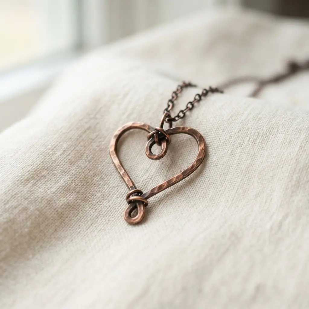 Close-up of a handcrafted heart pendant made from thick, hammered copper wire with a textured surface.