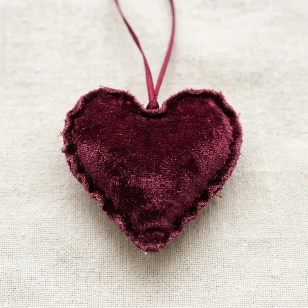A soft, tactile heart pendant made from rich burgundy velvet fabric with a slight sheen.
