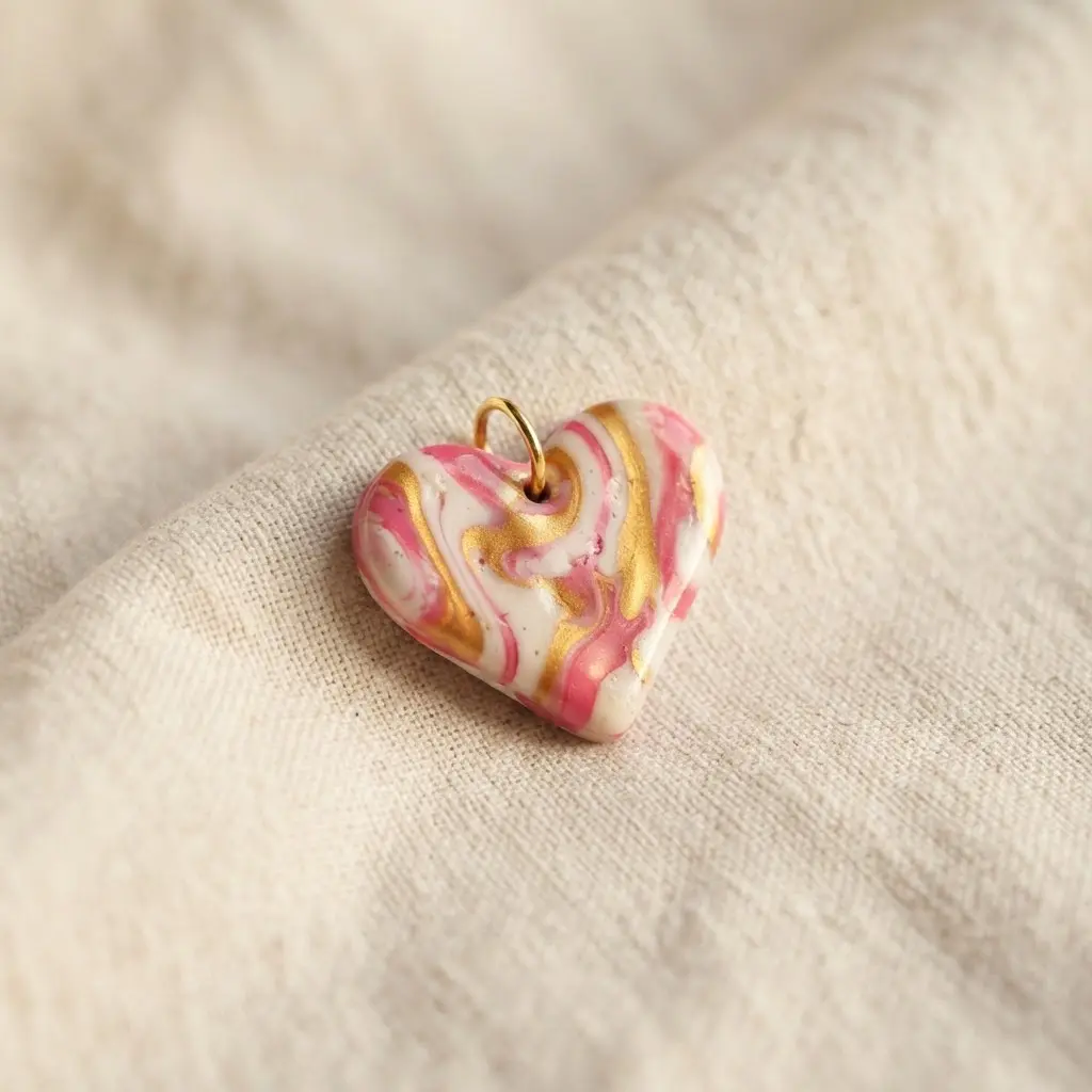 A smooth, glossy heart pendant showcasing vibrant swirls of marbled pink, white, and gold polymer clay.