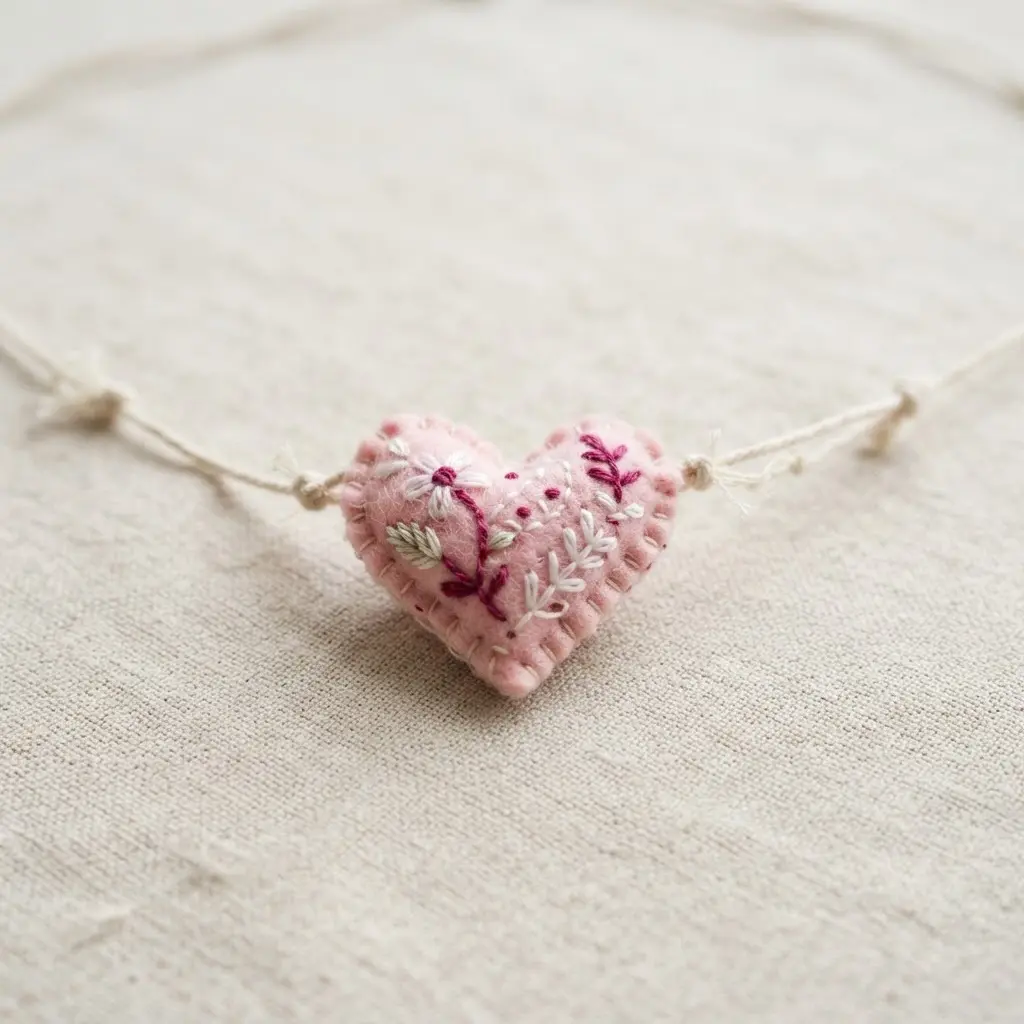 A puffy, three-dimensional heart pendant crafted from pink felt with detailed embroidery stitches around the edges.