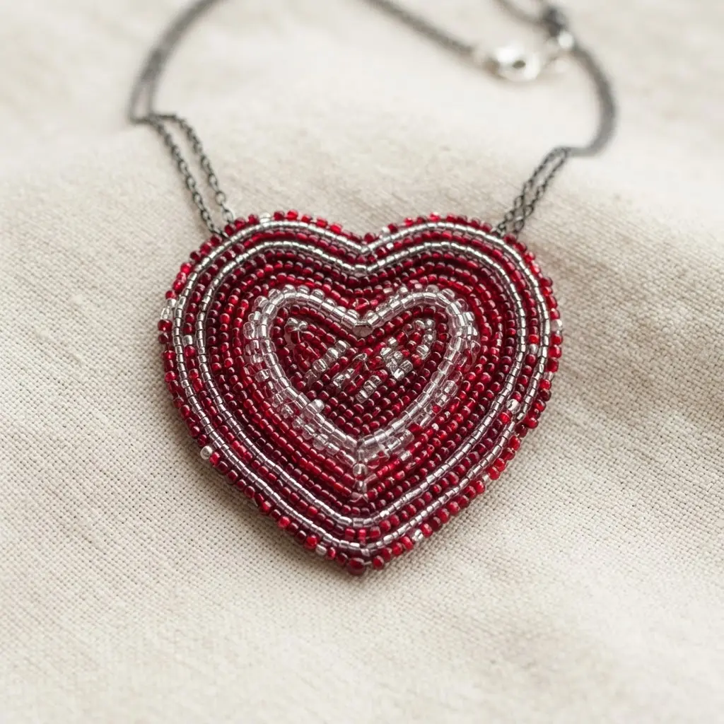 An intricate heart-shaped medallion created with meticulous seed bead weaving in red and clear glass beads.