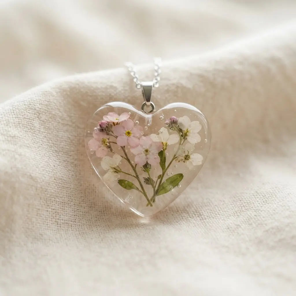 A clear, domed resin heart pendant encapsulating delicate pink and white dried forget-me-not flowers.
