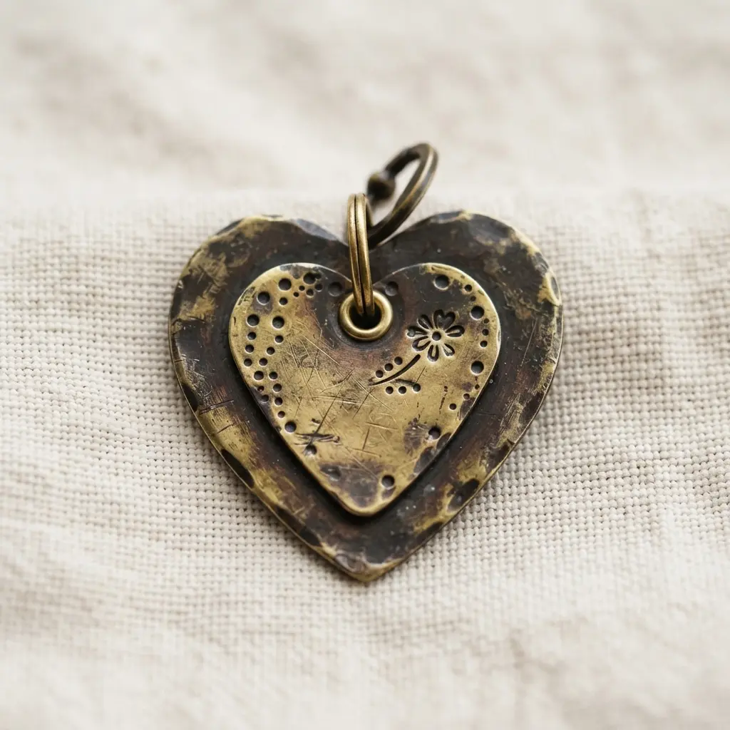 A rustic heart-shaped tag crafted from two layers of stamped brass metal with a distressed patina finish.