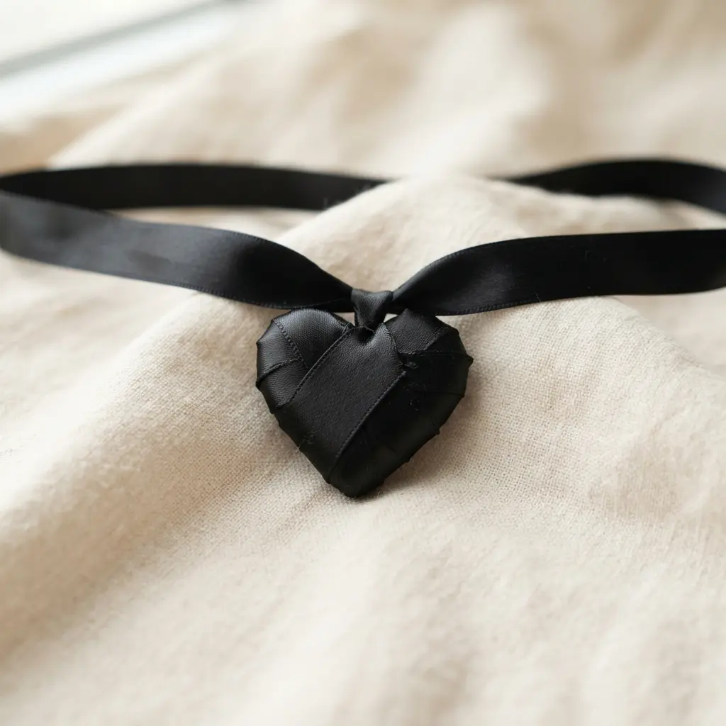 A black satin choker necklace featuring a central, padded heart form neatly wrapped in matching satin ribbon.