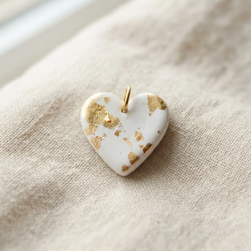 A smooth, white polymer clay heart pendant with fragments of genuine gold leaf pressed into its surface.