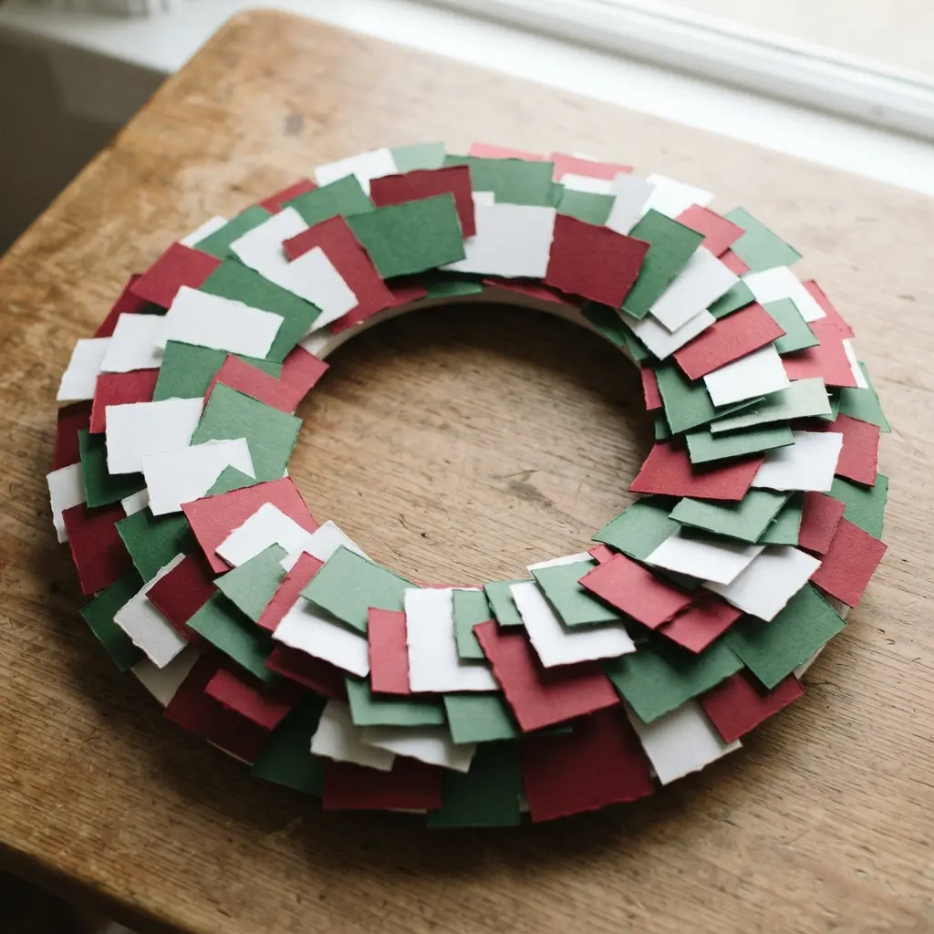 Close-up of a layered paper wreath with rectangular holiday cards overlapping in a circular pattern.