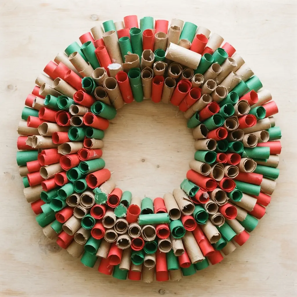 A holiday wreath made from dozens of small, rolled paper cylinders glued to a circular base.