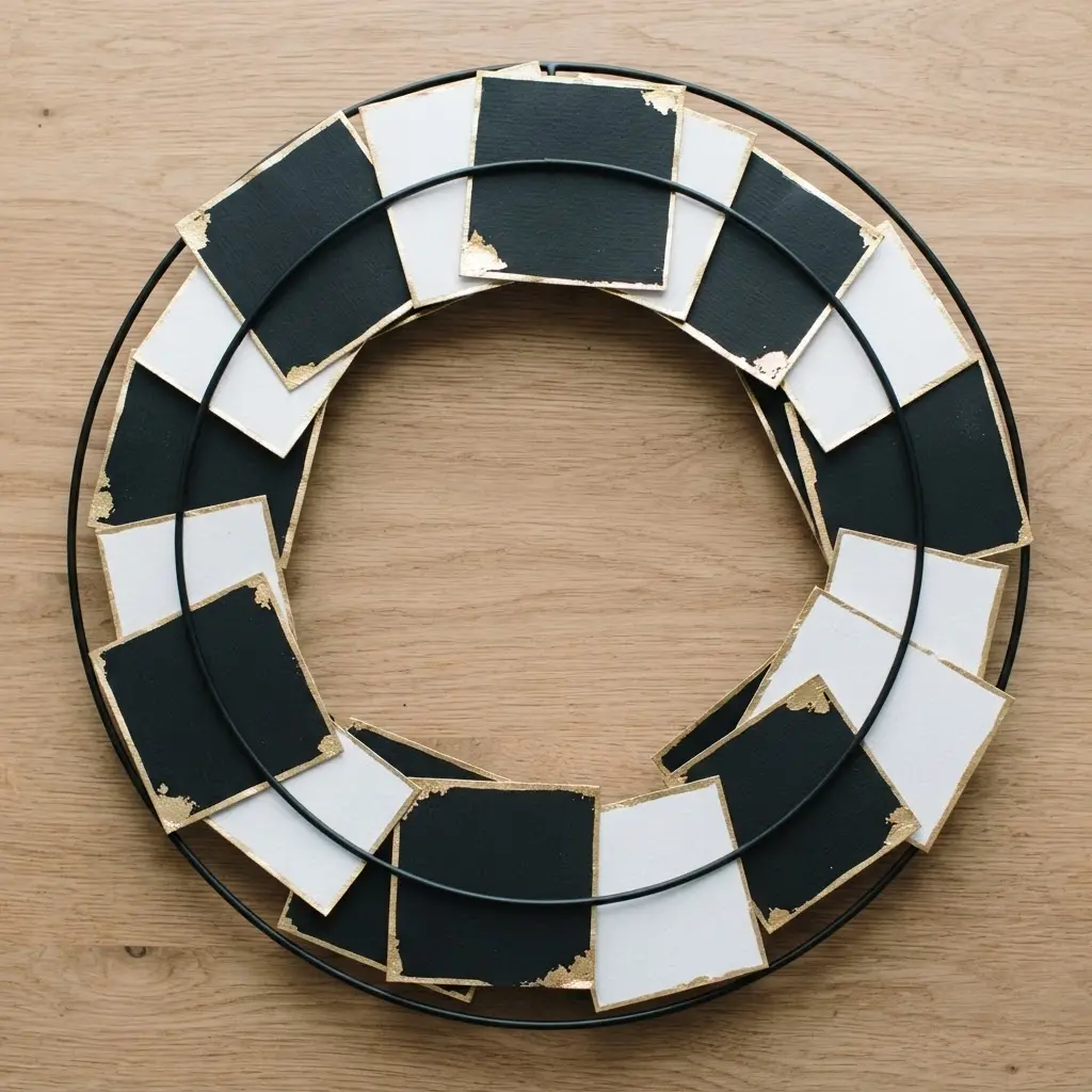 A minimalist wire wreath frame holding a few carefully chosen holiday cards, accented with thin gold trim.