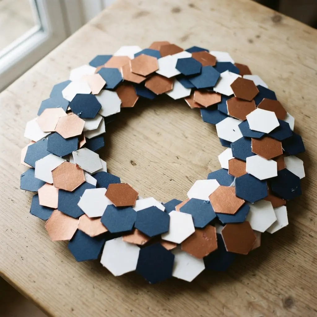 A contemporary holiday wreath featuring interlocking hexagon shapes cut from various festive greeting cards.