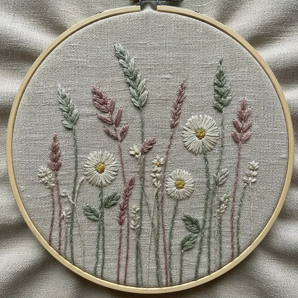 A wooden embroidery hoop holding natural linen fabric with hand-stitched wildflower meadow in soft thread colors.