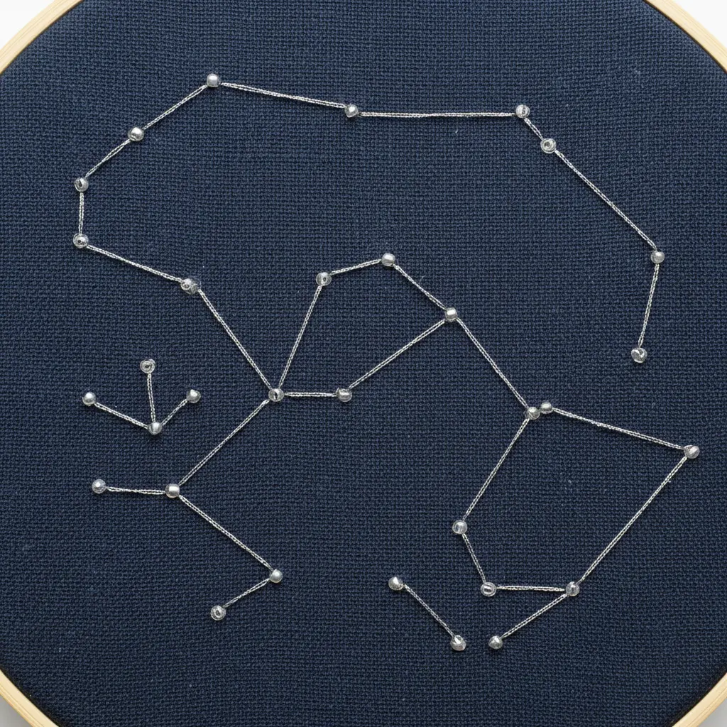 A dark navy fabric hoop with metallic silver thread stitched in a constellation pattern and tiny bead stars.