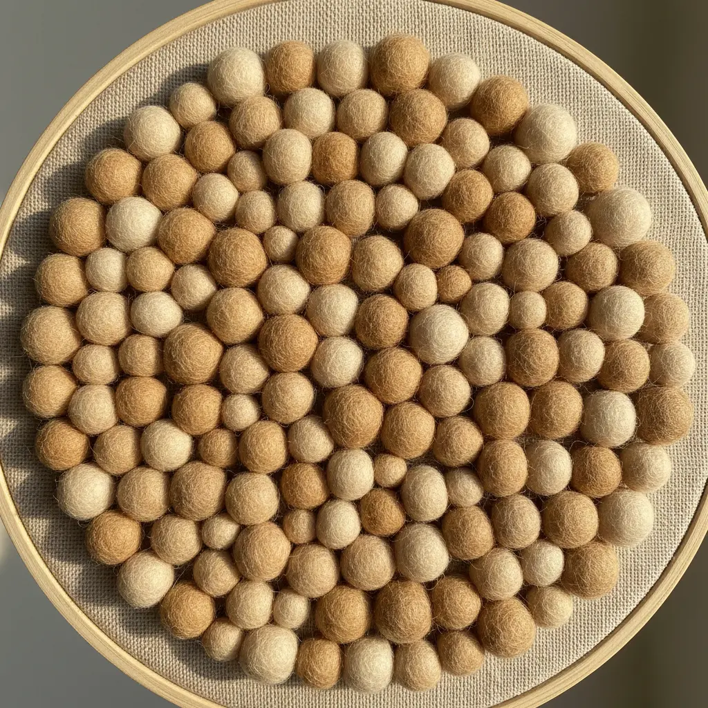 A wooden hoop covered in neutral linen with a dense cluster of cream and beige wool pom poms attached in the center.