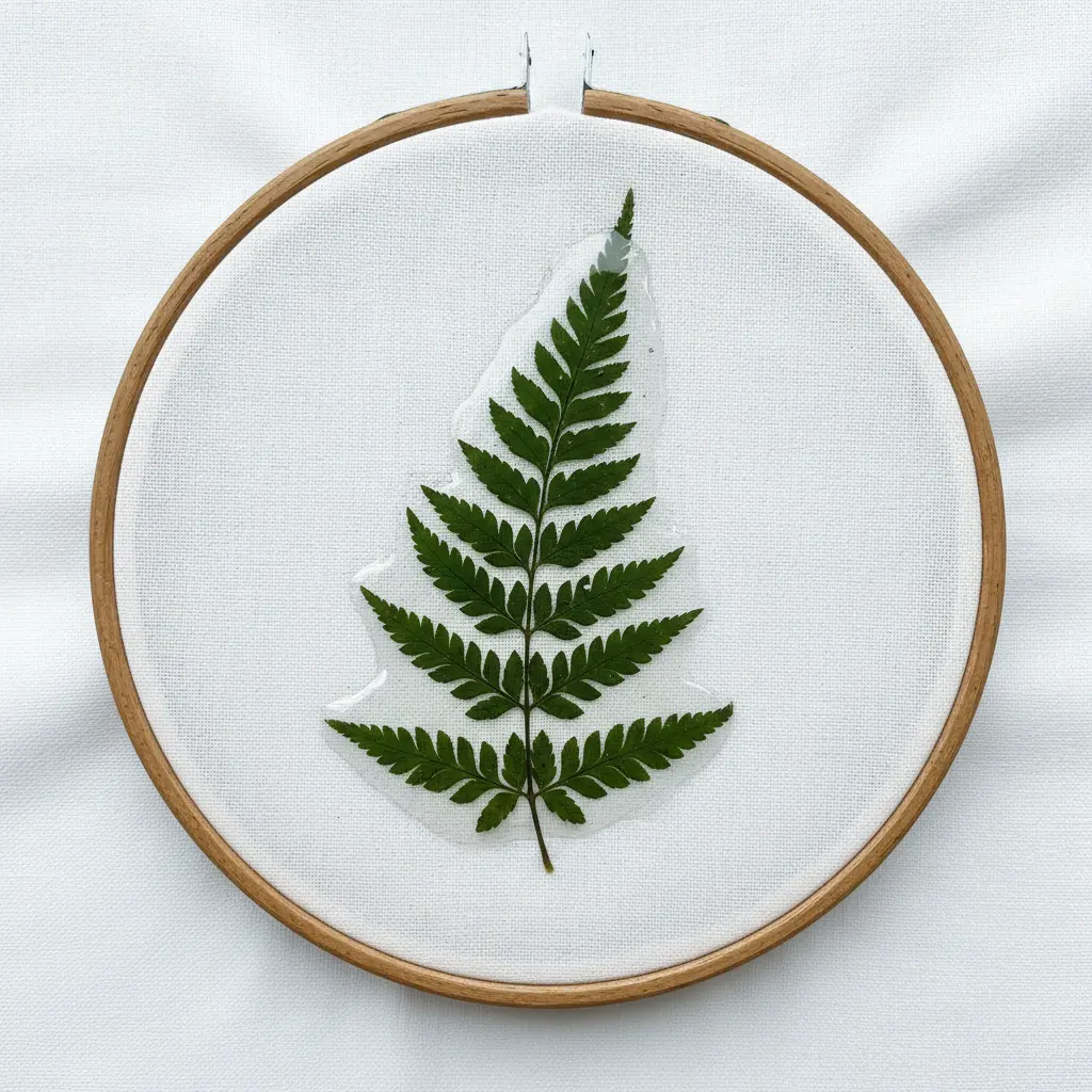 A white fabric hoop displaying a real pressed fern leaf arranged and sealed under a clear overlay.