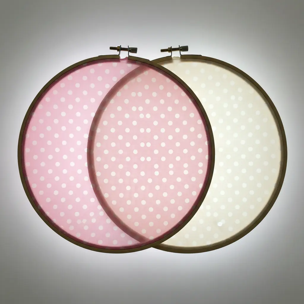 A translucent chiffon fabric with white polka dots stretched inside a wooden hoop and layered over a solid pink background.