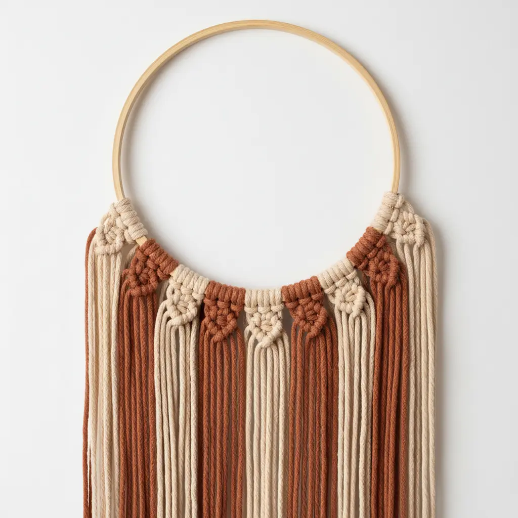 A wooden hoop wrapped in natural cotton cord with macrame fringe and hanging loop knots along the bottom edge.