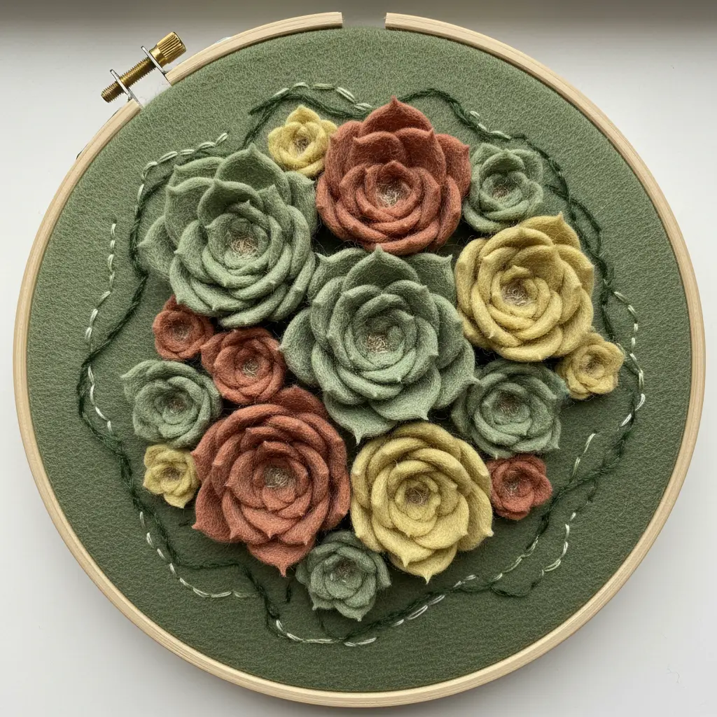 A green felt background inside a hoop with miniature needle-felted succulent rosettes and trailing felt vines.