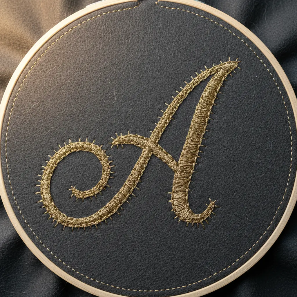 A wooden hoop with gray felt background and a metallic gold monogram letter appliqued in the center.