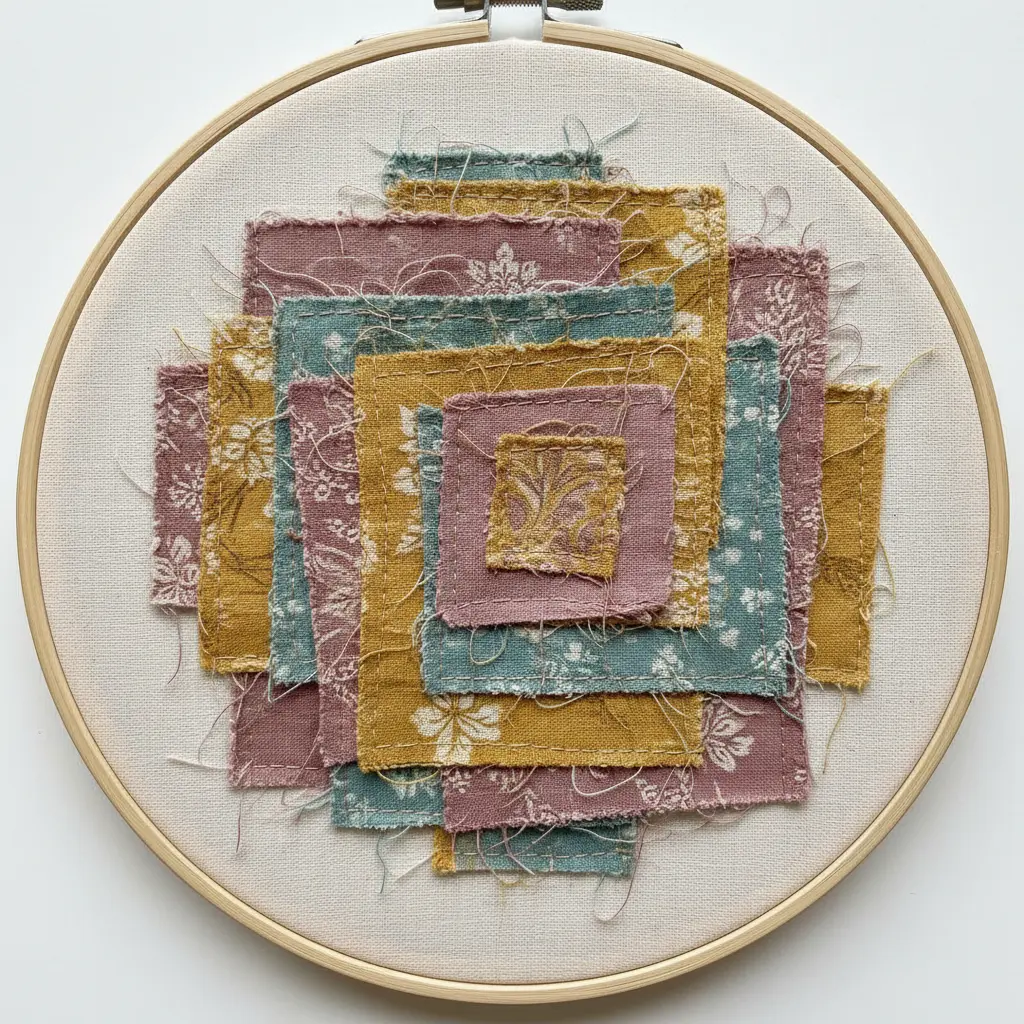 An embroidery hoop with layered vintage floral fabric patches stitched together in a quilt-style collage.