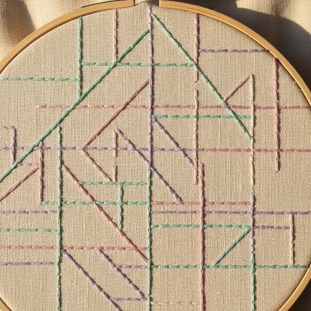 A hoop with cream fabric showing a geometric pattern of intersecting pastel pink, mint, and lavender straight stitches.