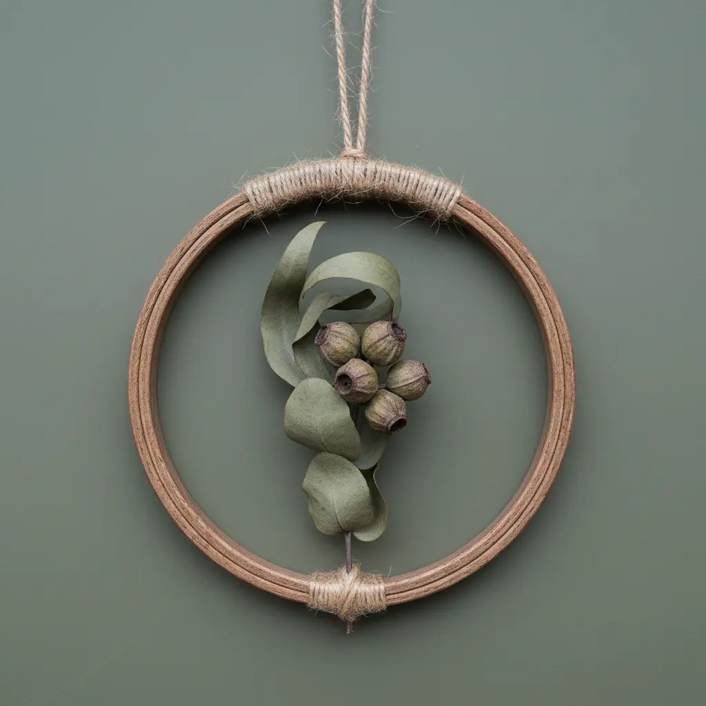 A wooden hoop with a burlap background holding a dried eucalyptus sprig tied with twine.
