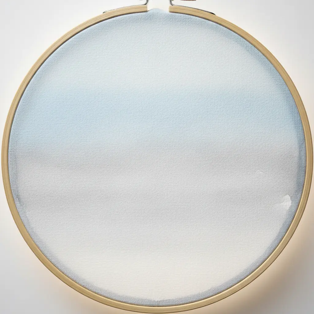 A hoop stretched with artist canvas featuring a hand-dyed watercolor ombre fading from pale blue to white.