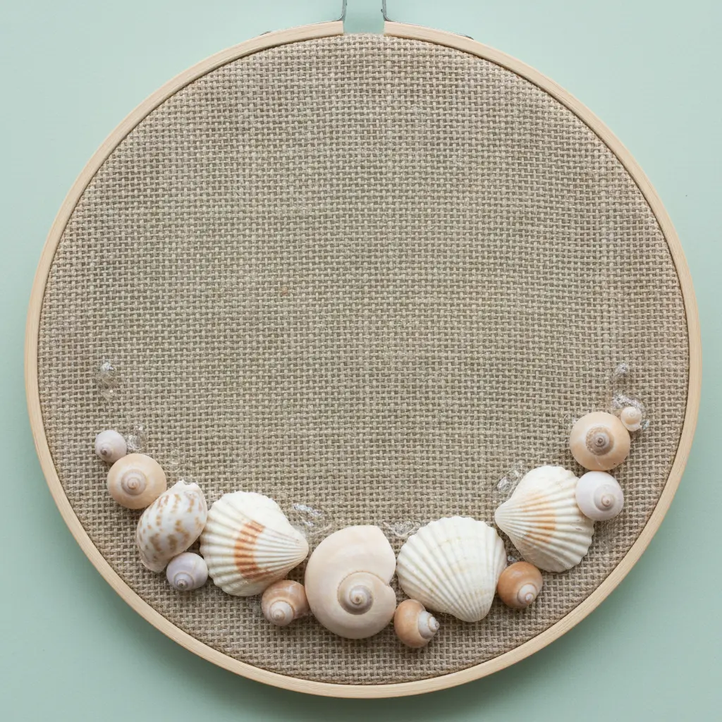 A rustic wooden hoop with burlap fabric and small white seashells glued around the inner edge.