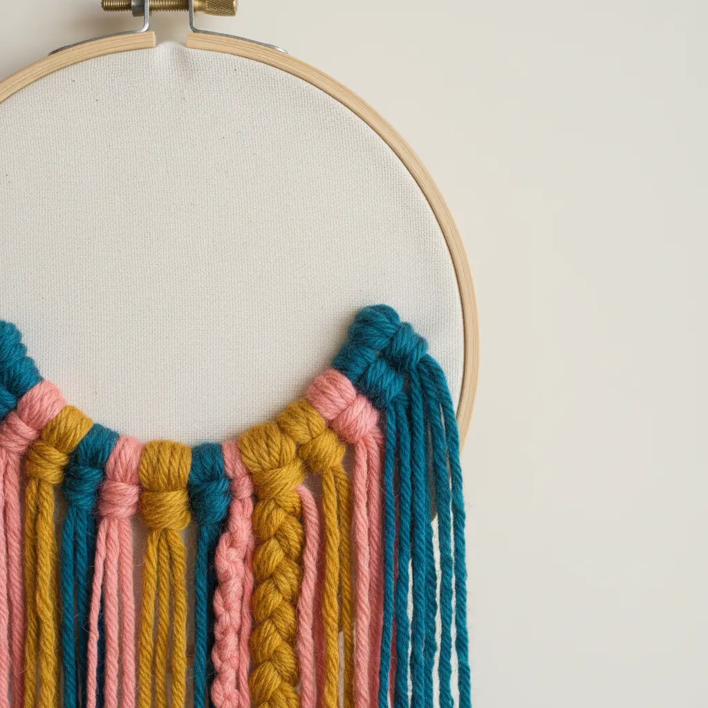 A wooden hoop with cotton fabric and layered yarn fringe in mustard, teal, and coral hanging from the bottom half.