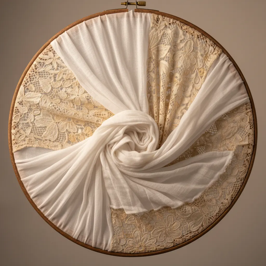 A hoop with gathered muslin fabric topped by delicate white lace layered in soft folds.