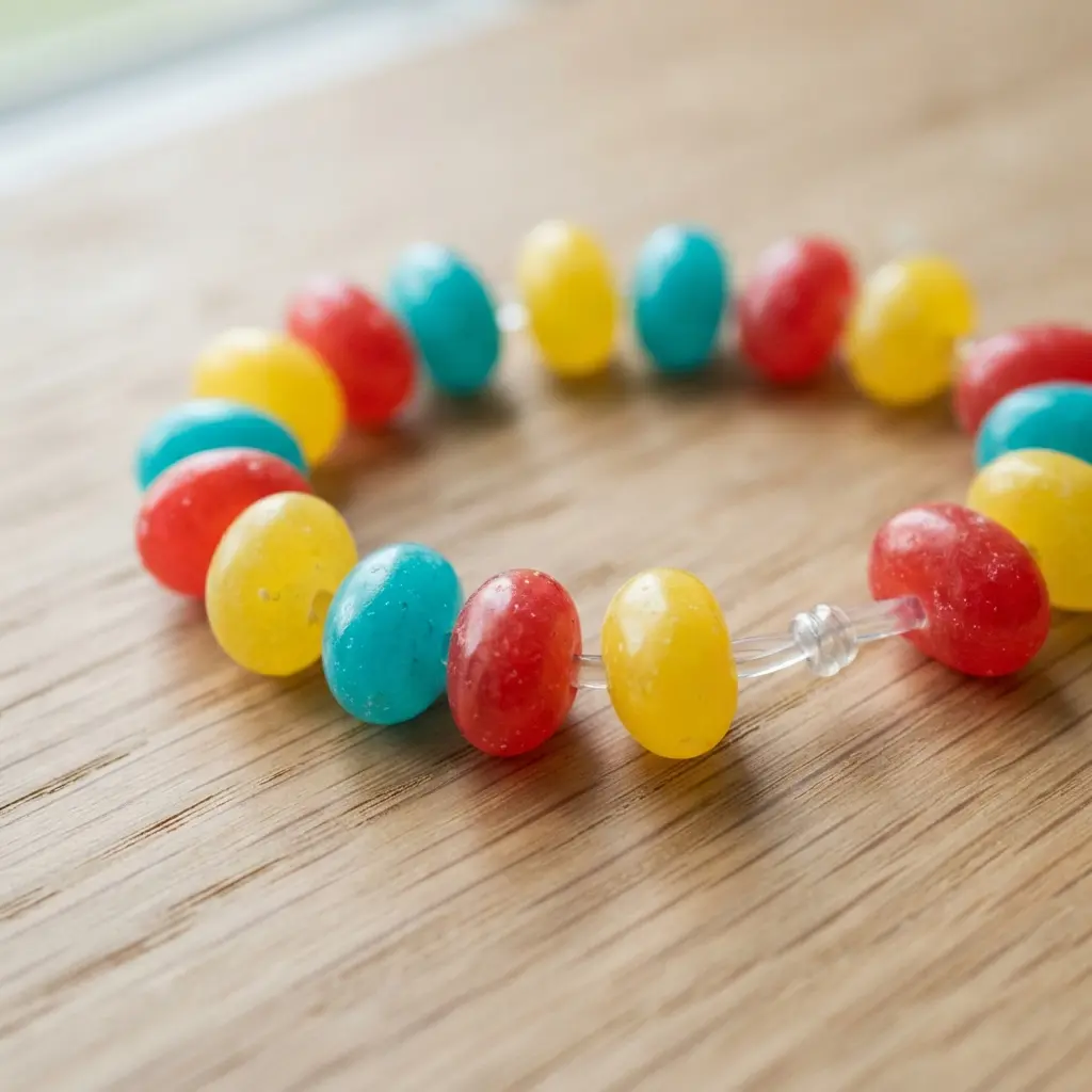 A child's wrist wearing a colorful jelly bean bracelet on a clear elastic cord.