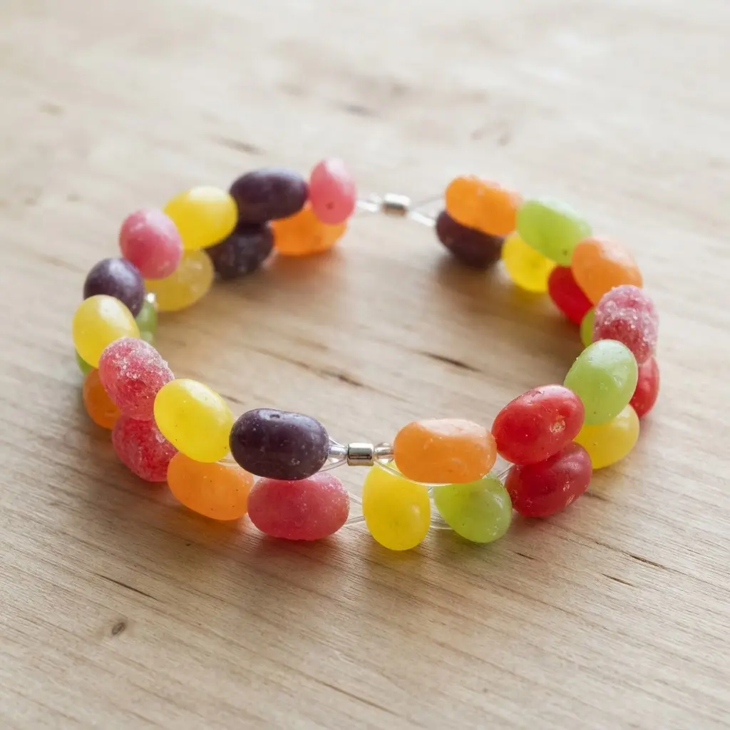A layered bracelet featuring two rows of assorted colored jelly beans.