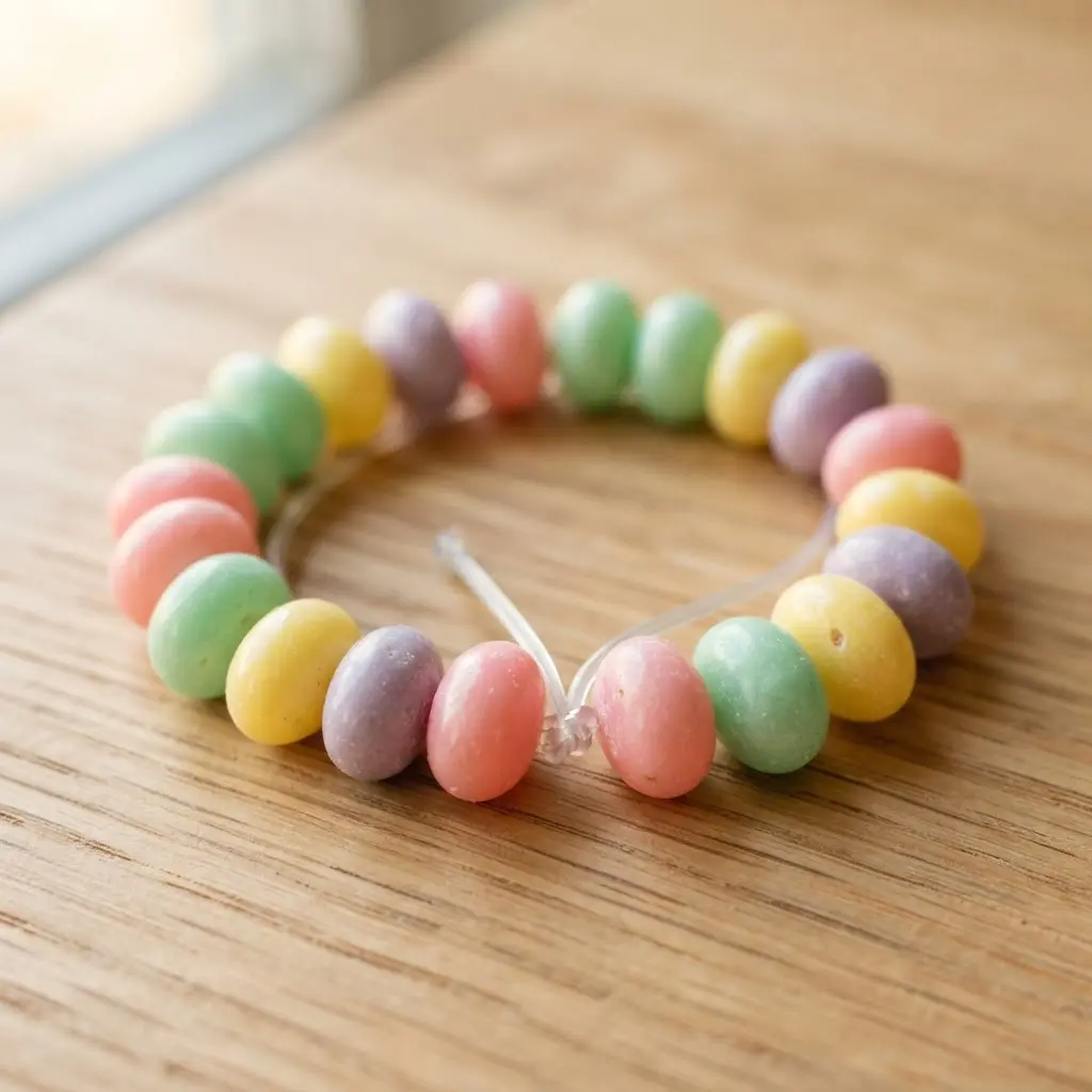 A pastel pink, blue, yellow, and green jelly bean bracelet arranged in stripes.