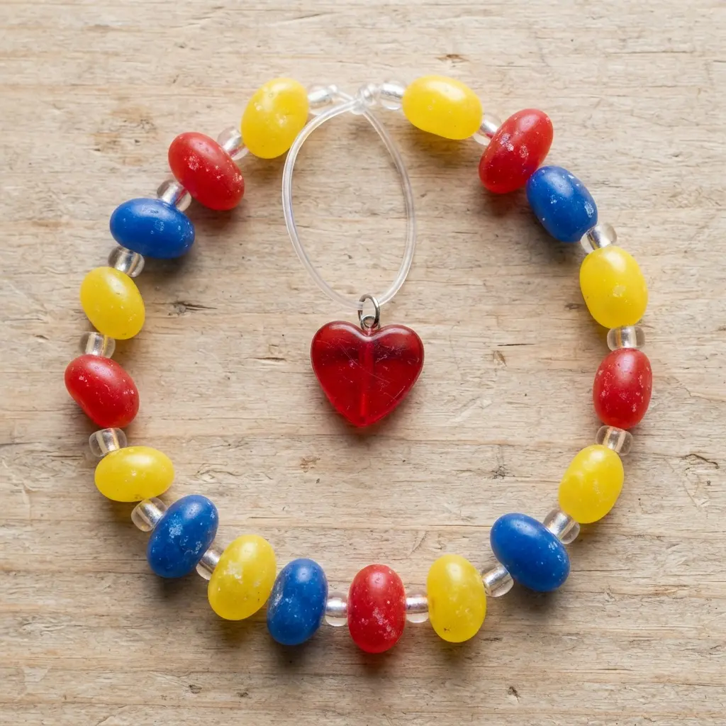 A jelly bean bracelet in primary colors featuring a small red heart charm.
