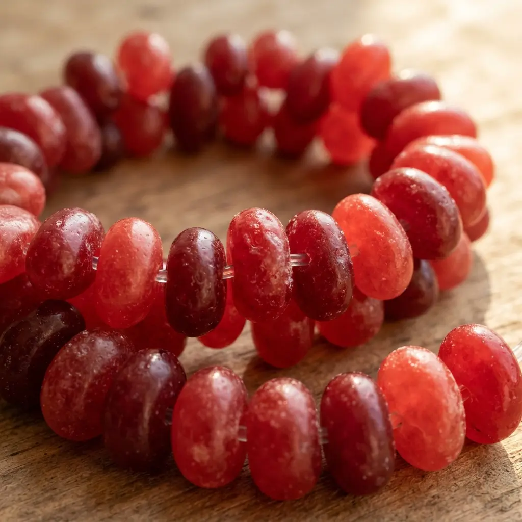 A close-up of a bracelet made entirely of shiny red jelly beans.