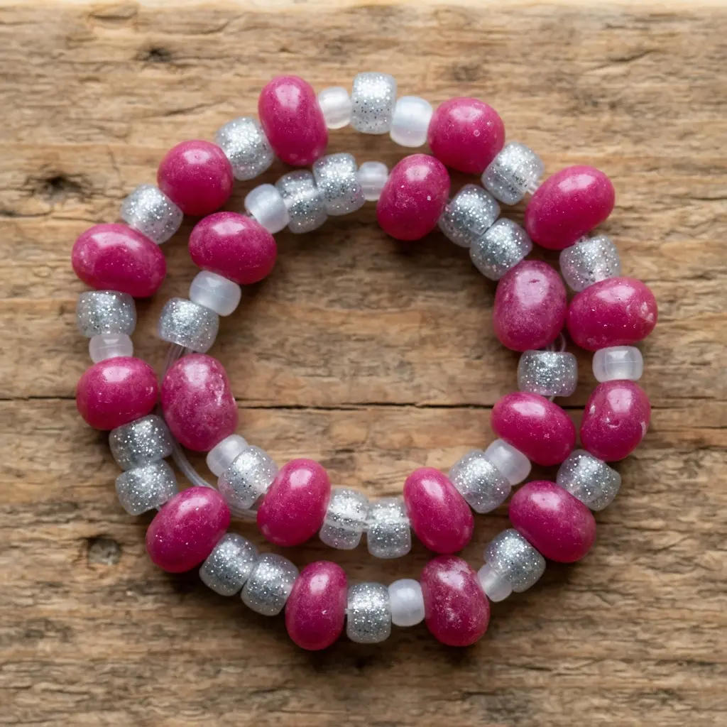 A jelly bean bracelet with silver glitter pony beads spaced between the candy.