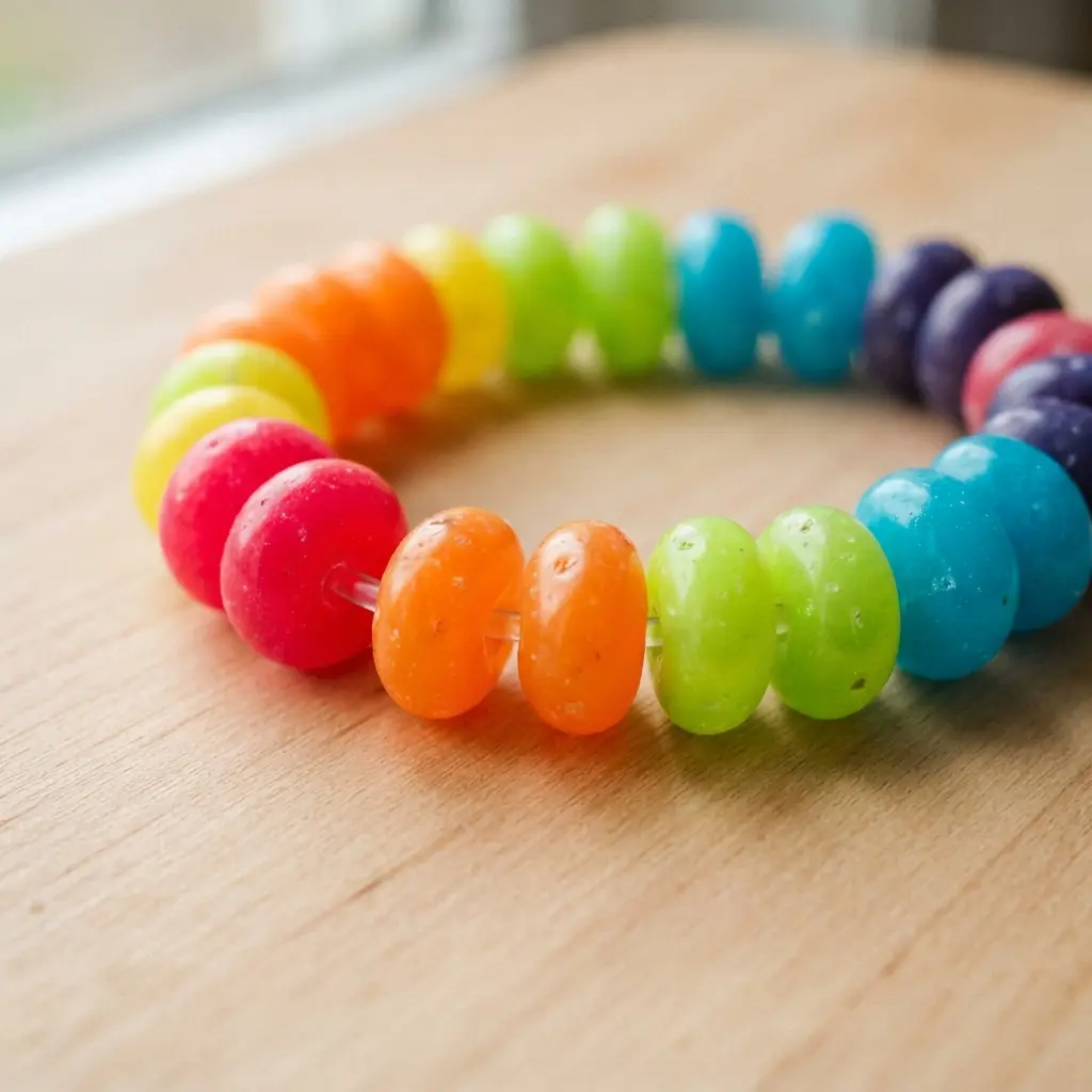 A vibrant jelly bean bracelet transitioning from red to orange, yellow, green, and blue.