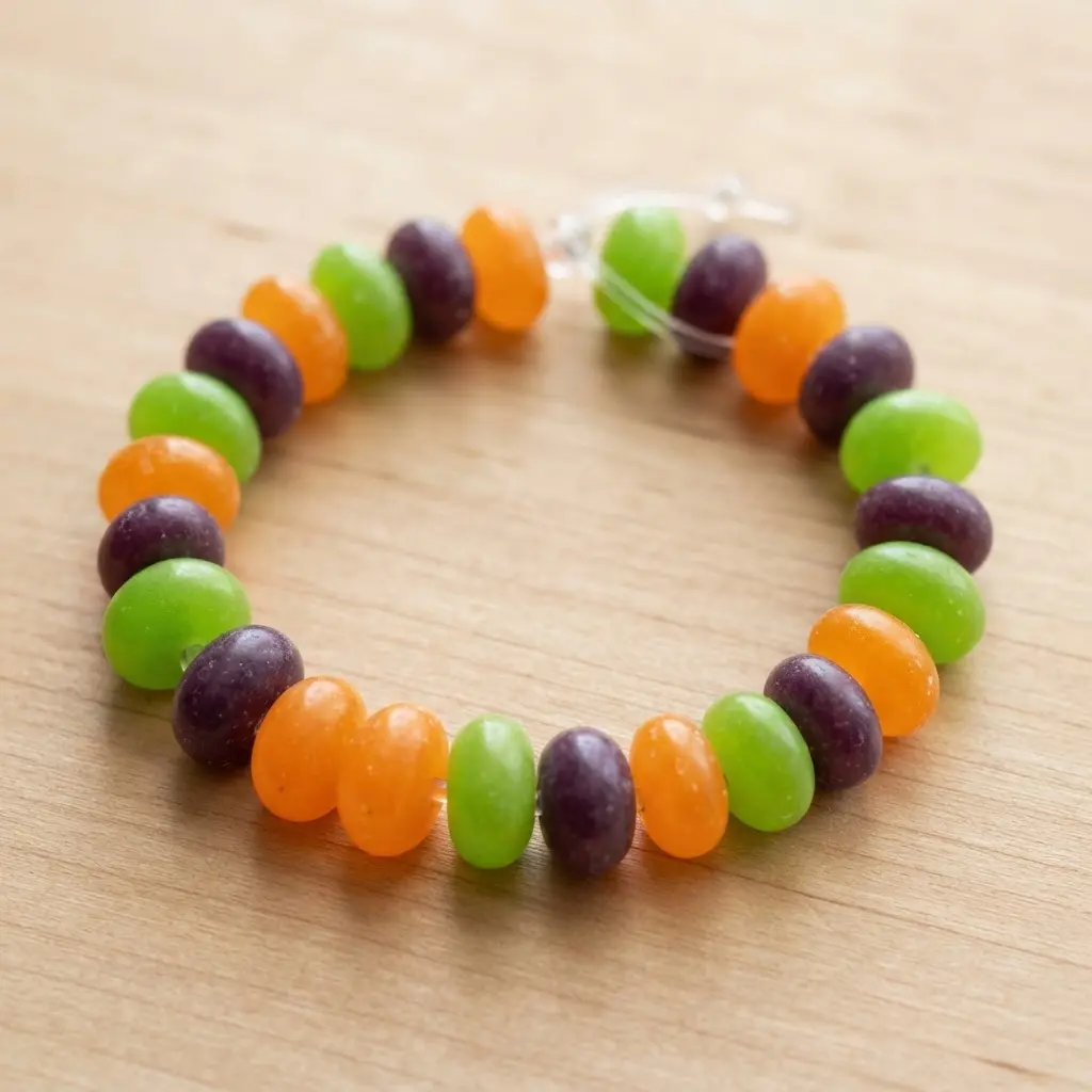 A jelly bean bracelet with green, purple, and orange candies suggesting fruit flavors.