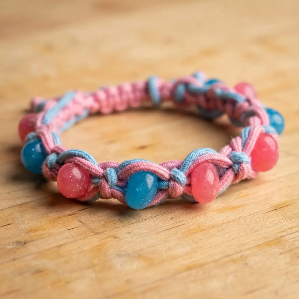 A simple braided bracelet with pink and blue elastic cord and jelly beans.